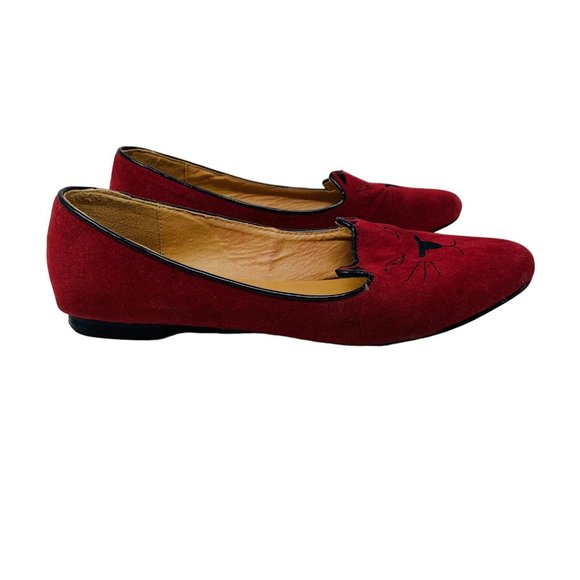 C Label Cat Face Loafer Flats Burgundy Red Faux Suede Women's Shoes 9 - Picture 10 of 13